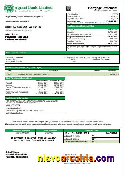 Bangladesh Agrani Bank mortgage statement
